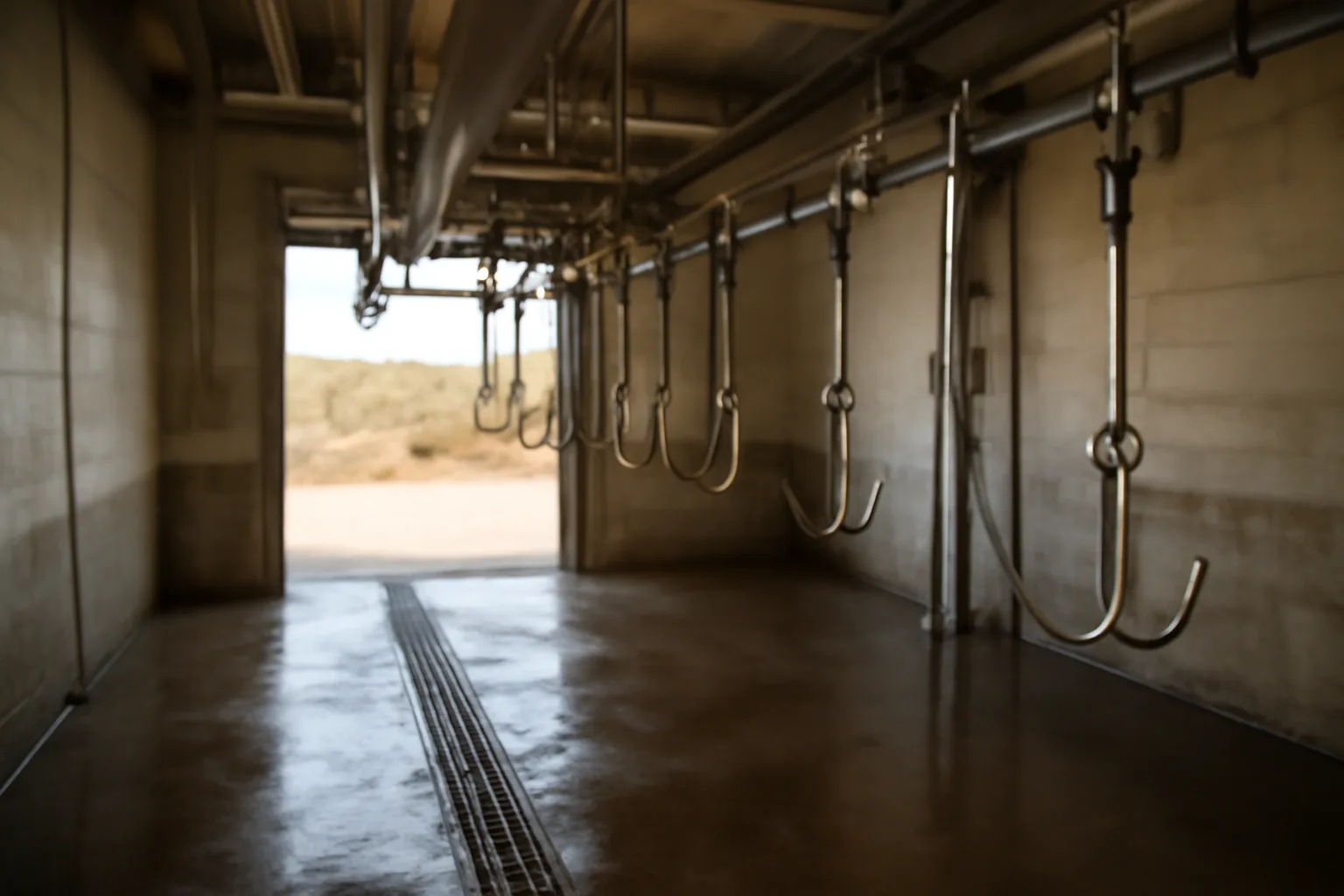 Interior of a small custom exempt slaughter facility in Arizona with overhead rail, concrete floor, and no text.