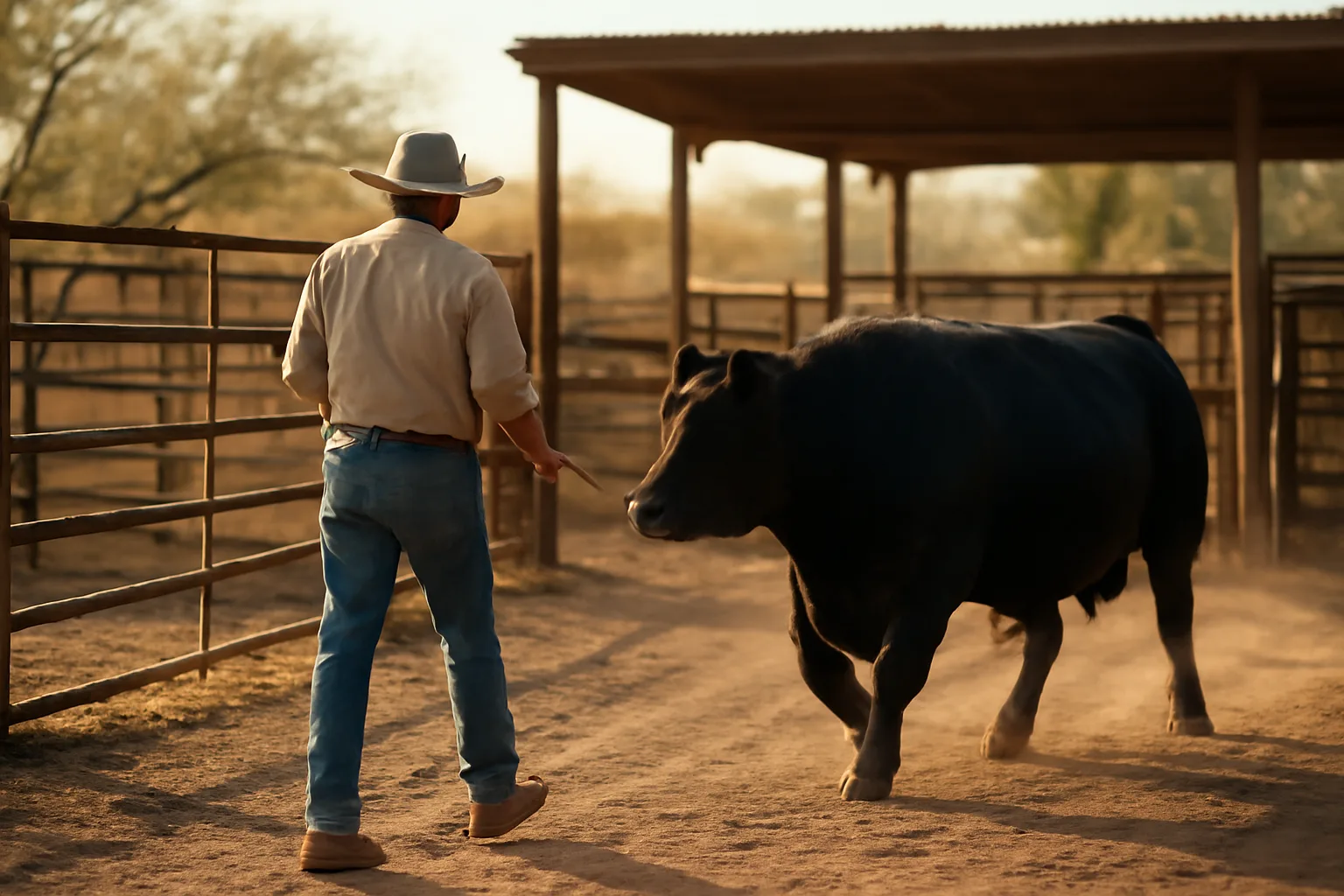 Ranch hand leading a steer into a rural Arizona custom exempt slaughter plant yard early morning.