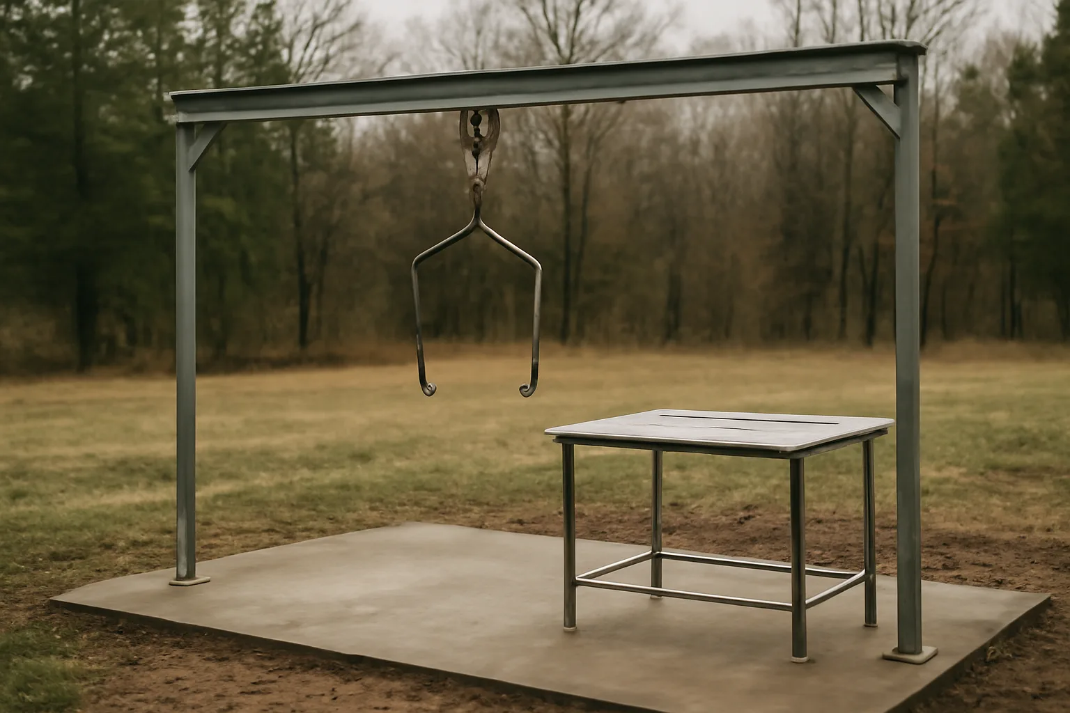 Outdoor custom exempt slaughter setup on an Arkansas farm with rail and concrete pad