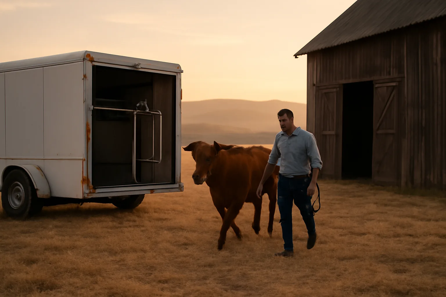 Mobile custom exempt slaughter setup on a California ranch at dawn