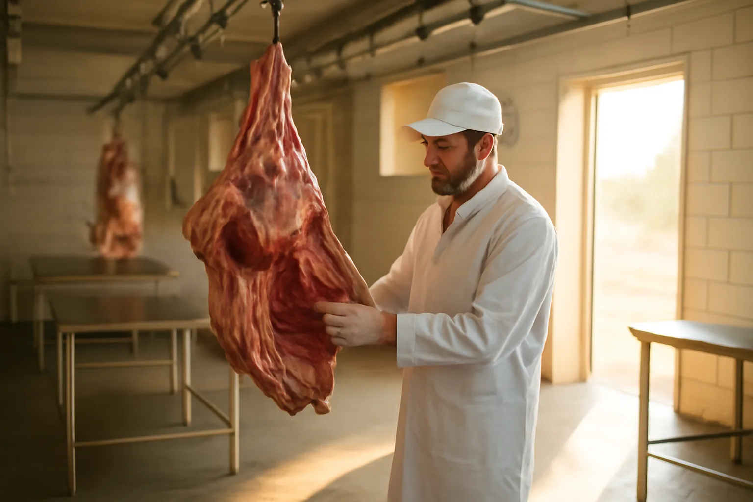 Custom exempt slaughter facility in Arizona with a butcher inspecting a beef carcass