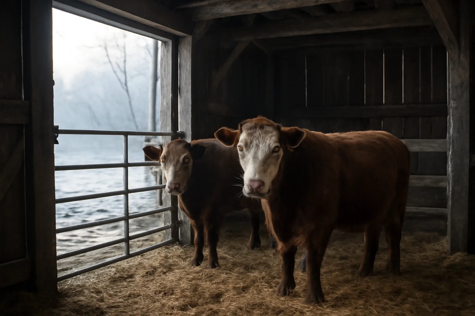 Steers on straw in a Connecticut barn on a winter morning