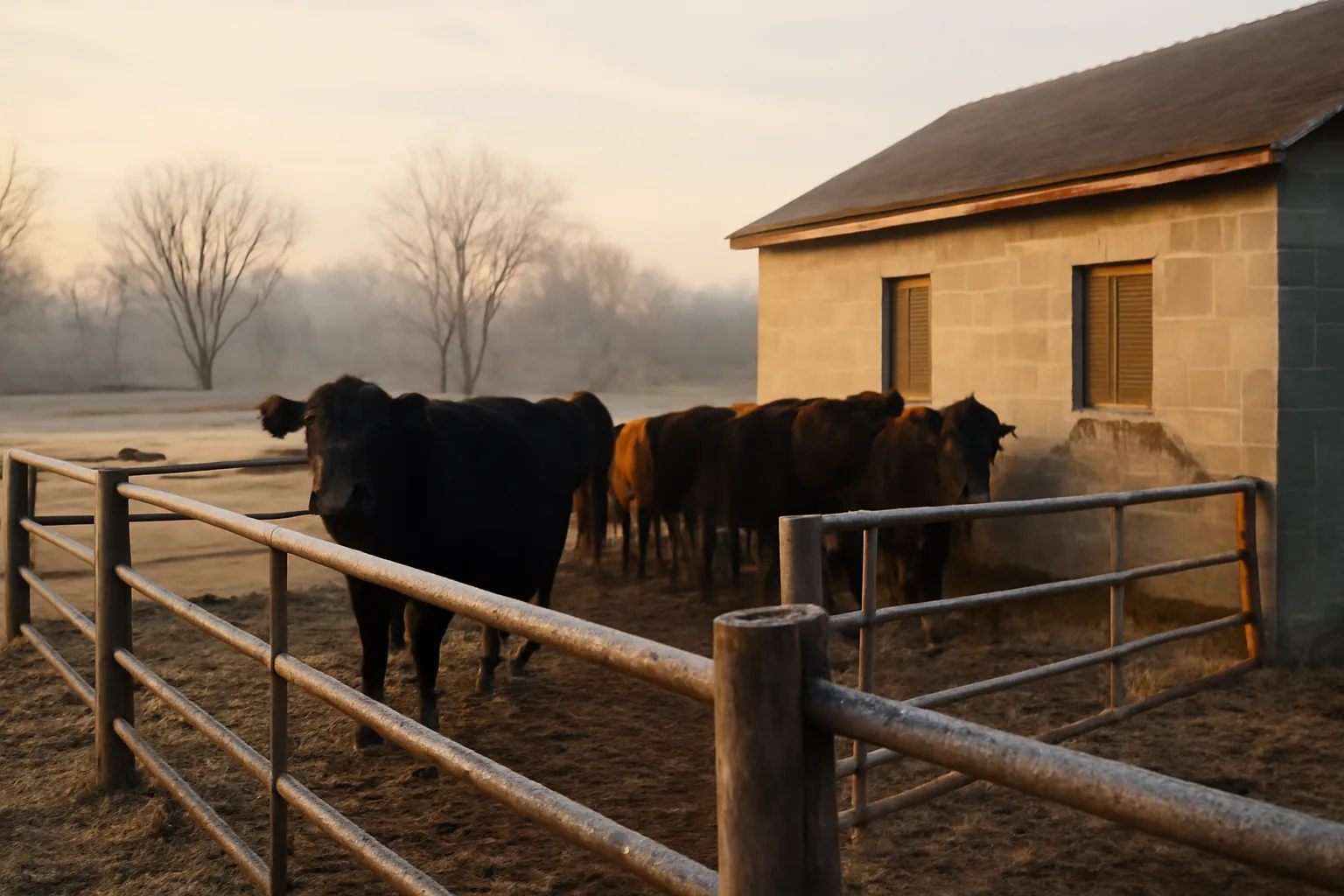 Cattle in a winter holding pen by a Delaware custom slaughter shop
