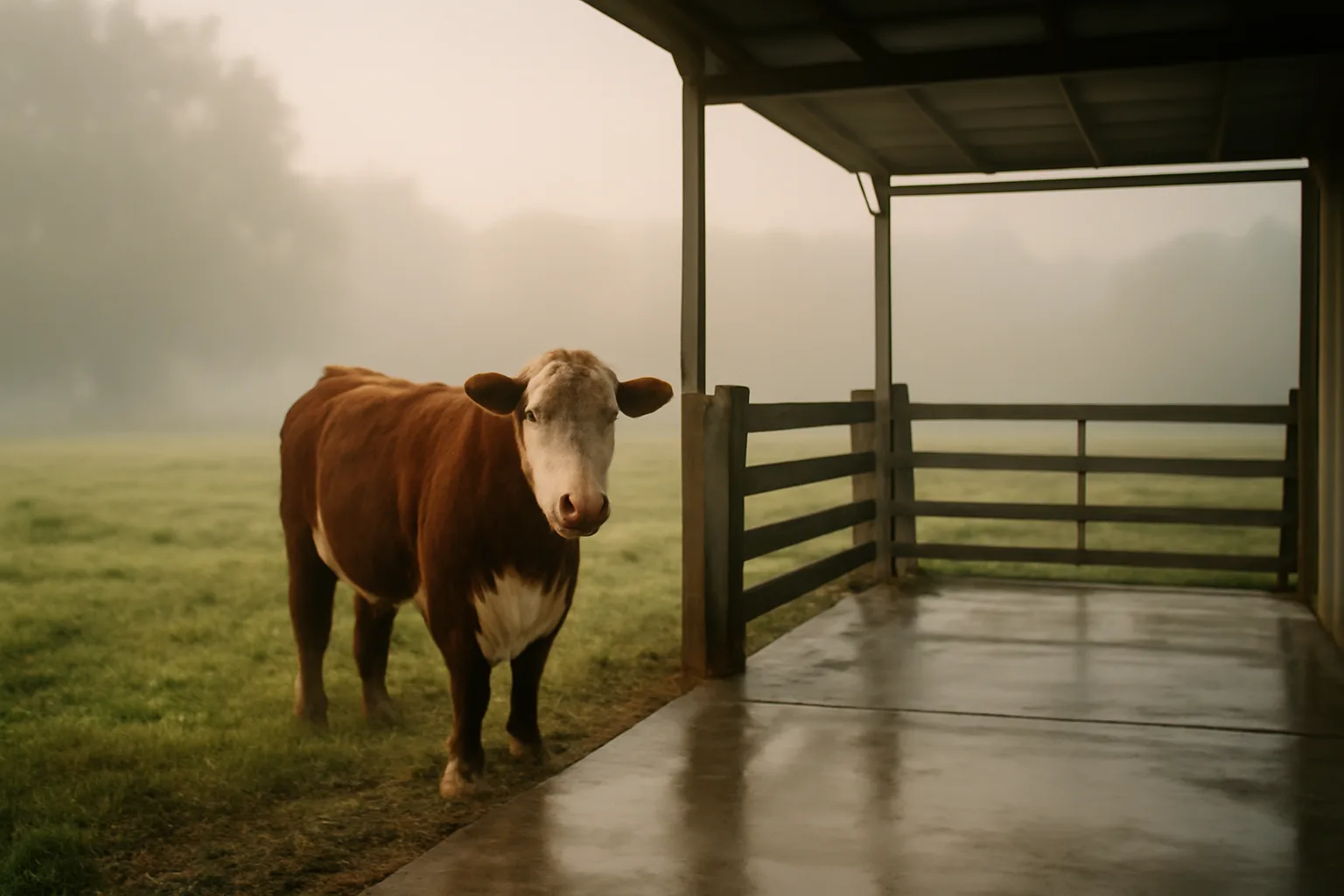 Hereford at a Georgia corral beside a custom slaughter shed