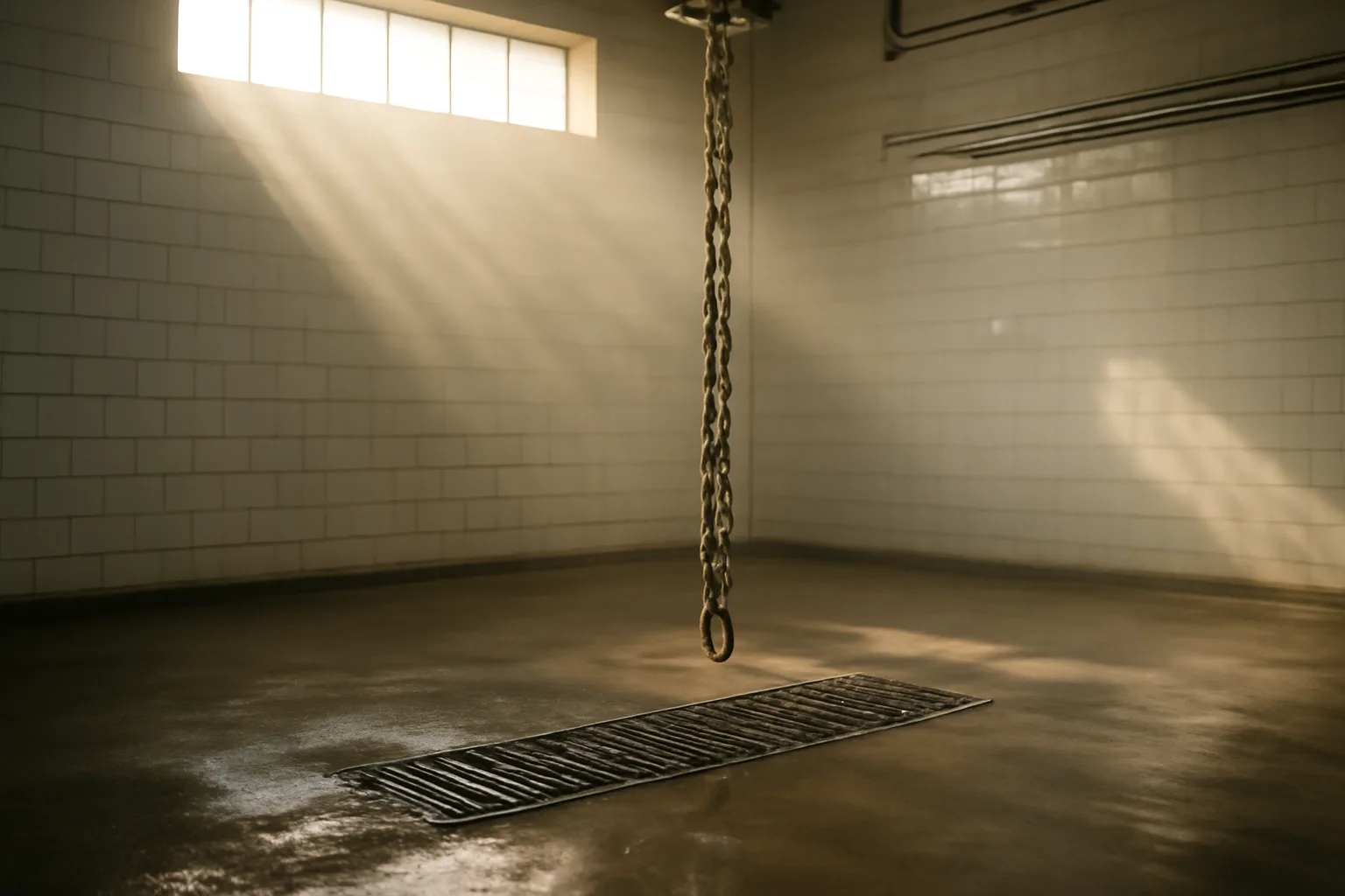 Empty Kansas custom slaughter floor with hoist in morning light
