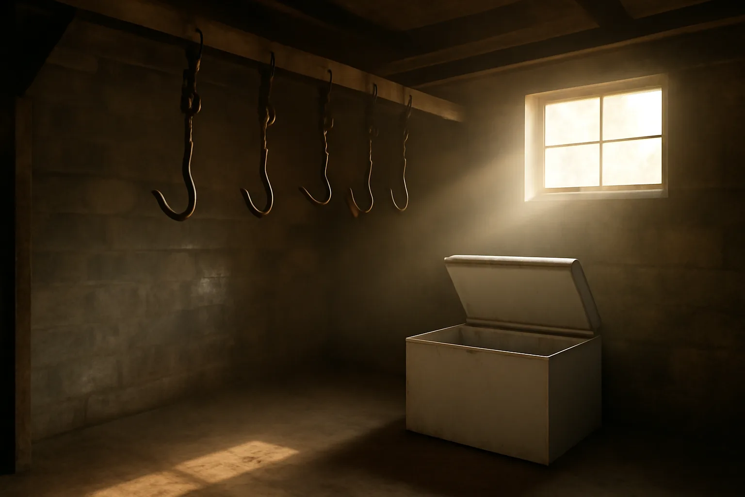 Rural Alabama farm slaughter outbuilding with hanging meat hooks and morning light