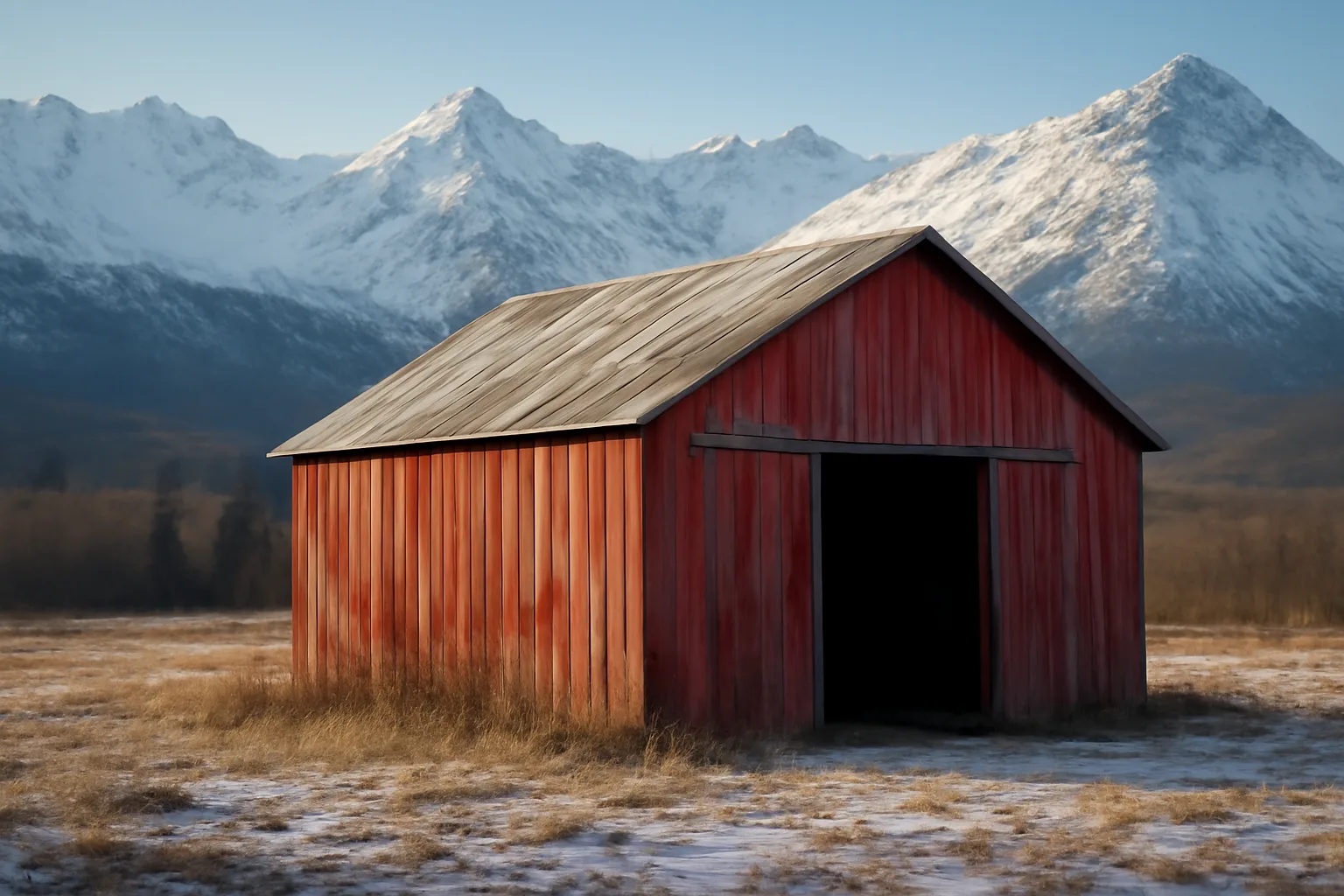 Snow-dusted Alaska valley barn with open door and mountain backdrop at dawn