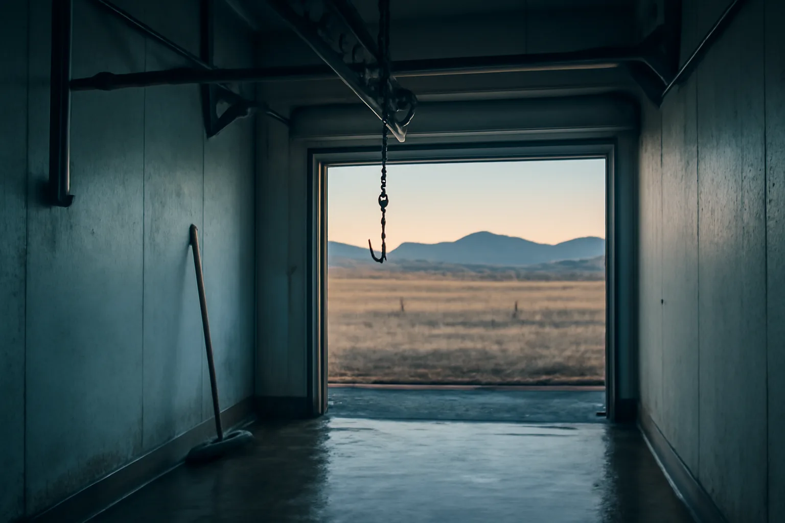 Empty custom exempt slaughter rail in a Colorado plant at dawn