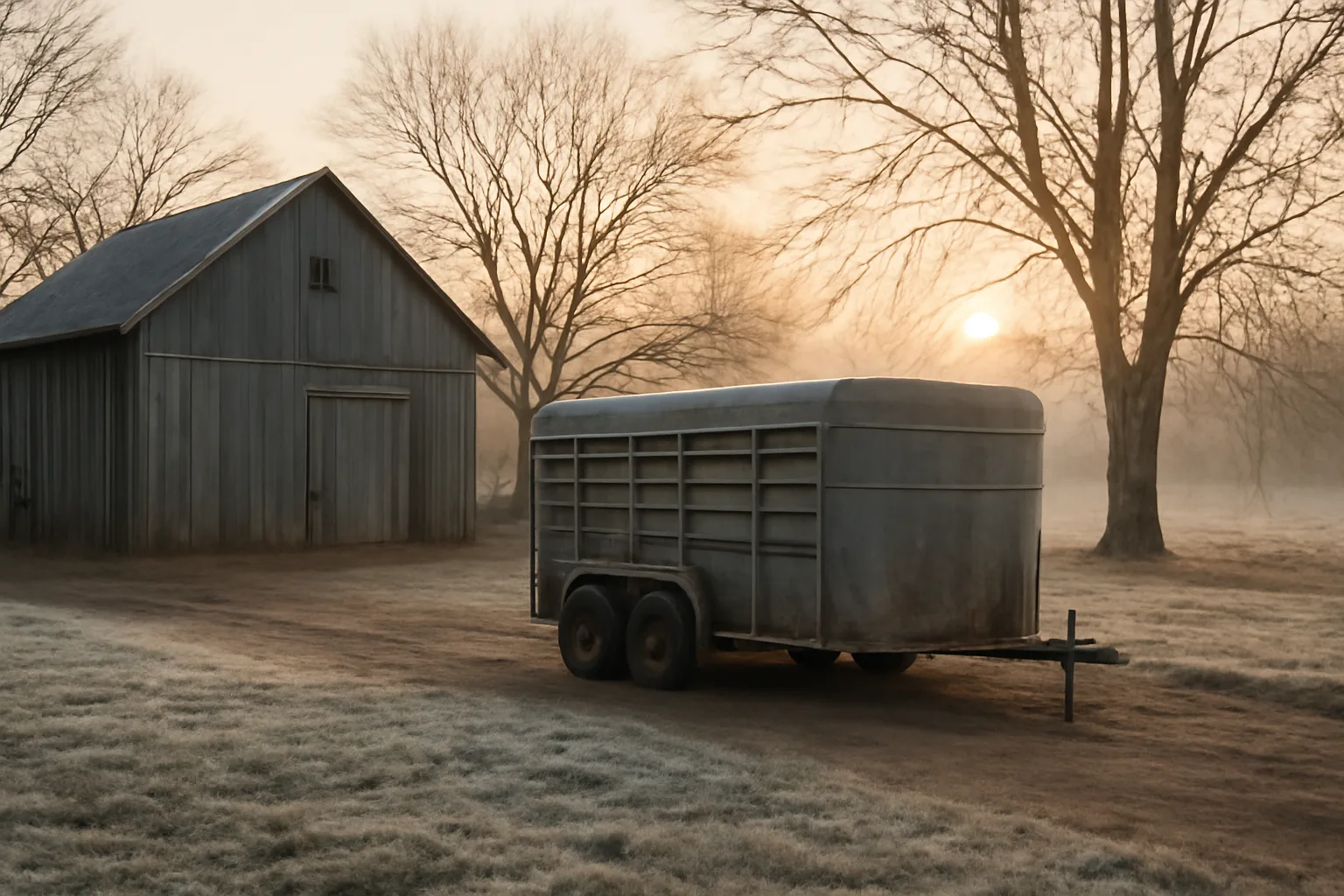 Frosty Delaware farmyard with barn and livestock trailer at dawn