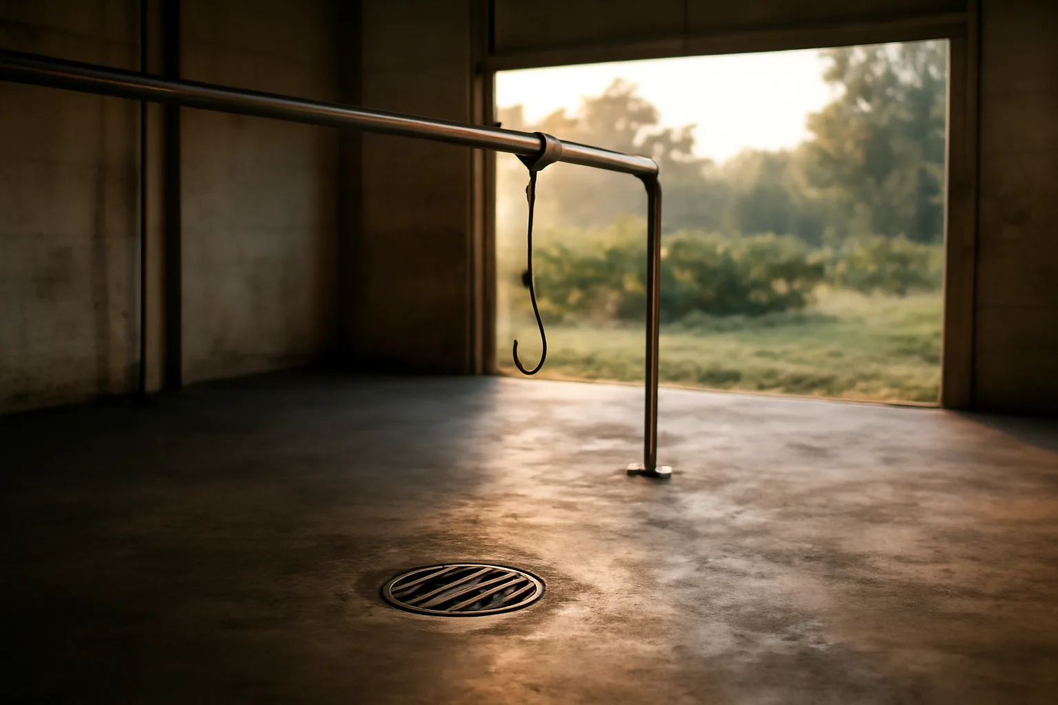 Empty Florida custom slaughter rail over a sunlit concrete floor
