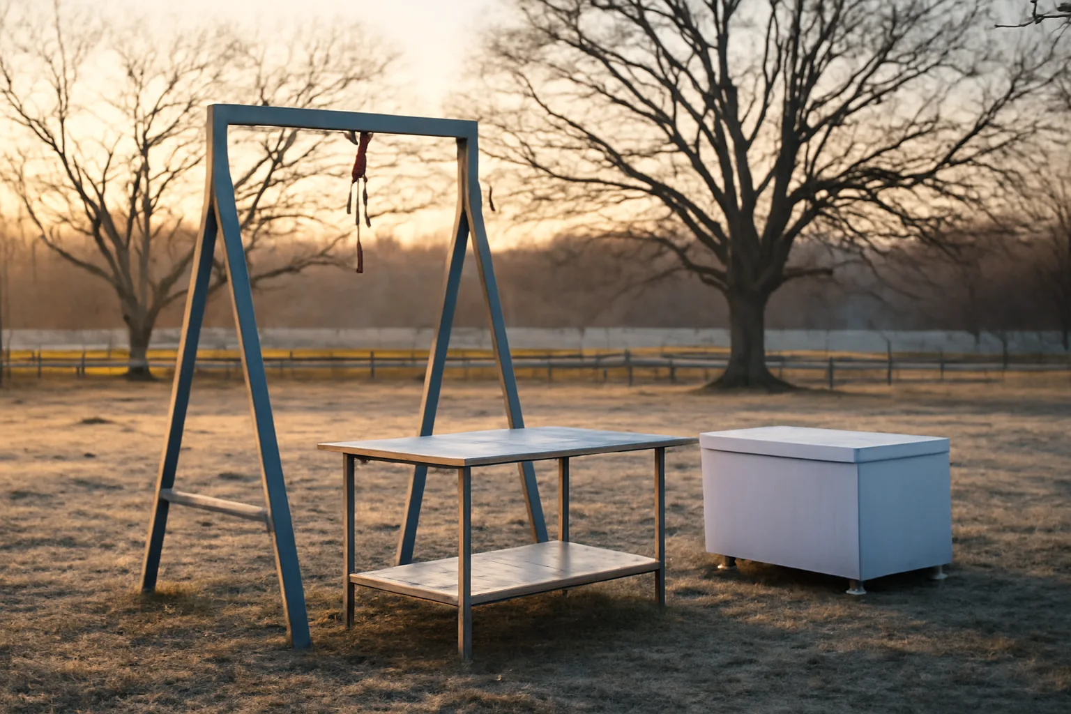 Frosty Georgia farm lot with hoist and cooler for custom slaughter