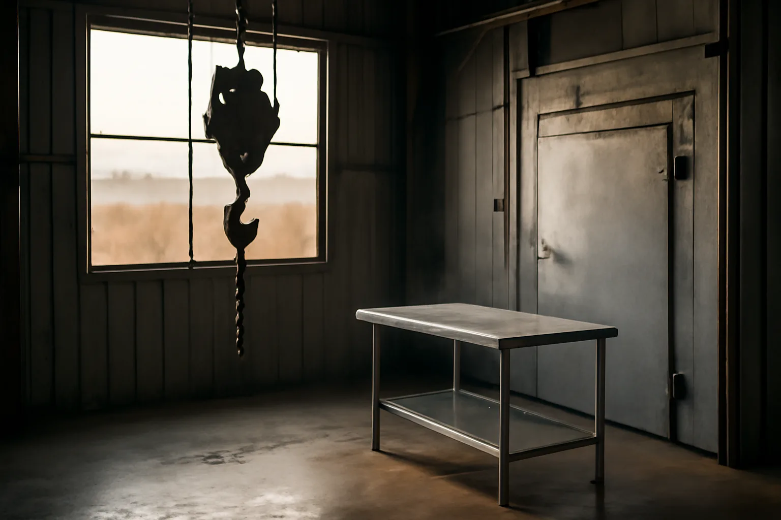 Empty Kansas custom slaughter floor with rail hoist at dawn