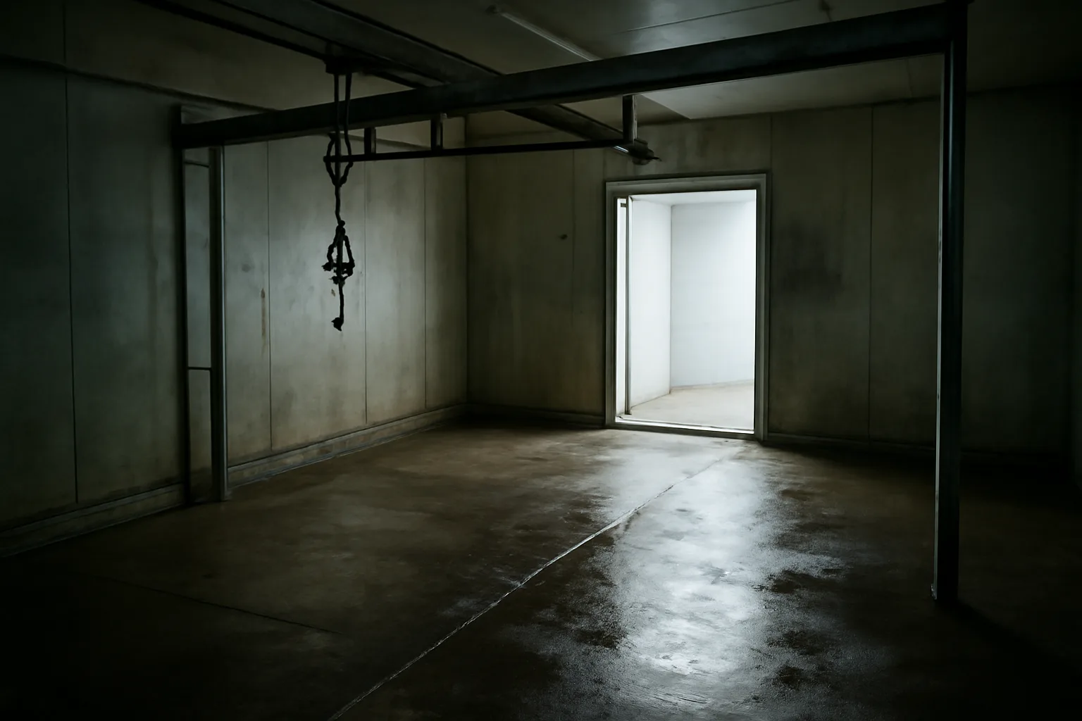 Empty Kentucky custom slaughter room with steel hoist and rail