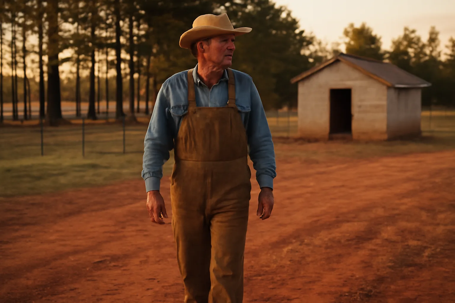 Alabama cattle rancher walking toward a small farm outbuilding at dusk