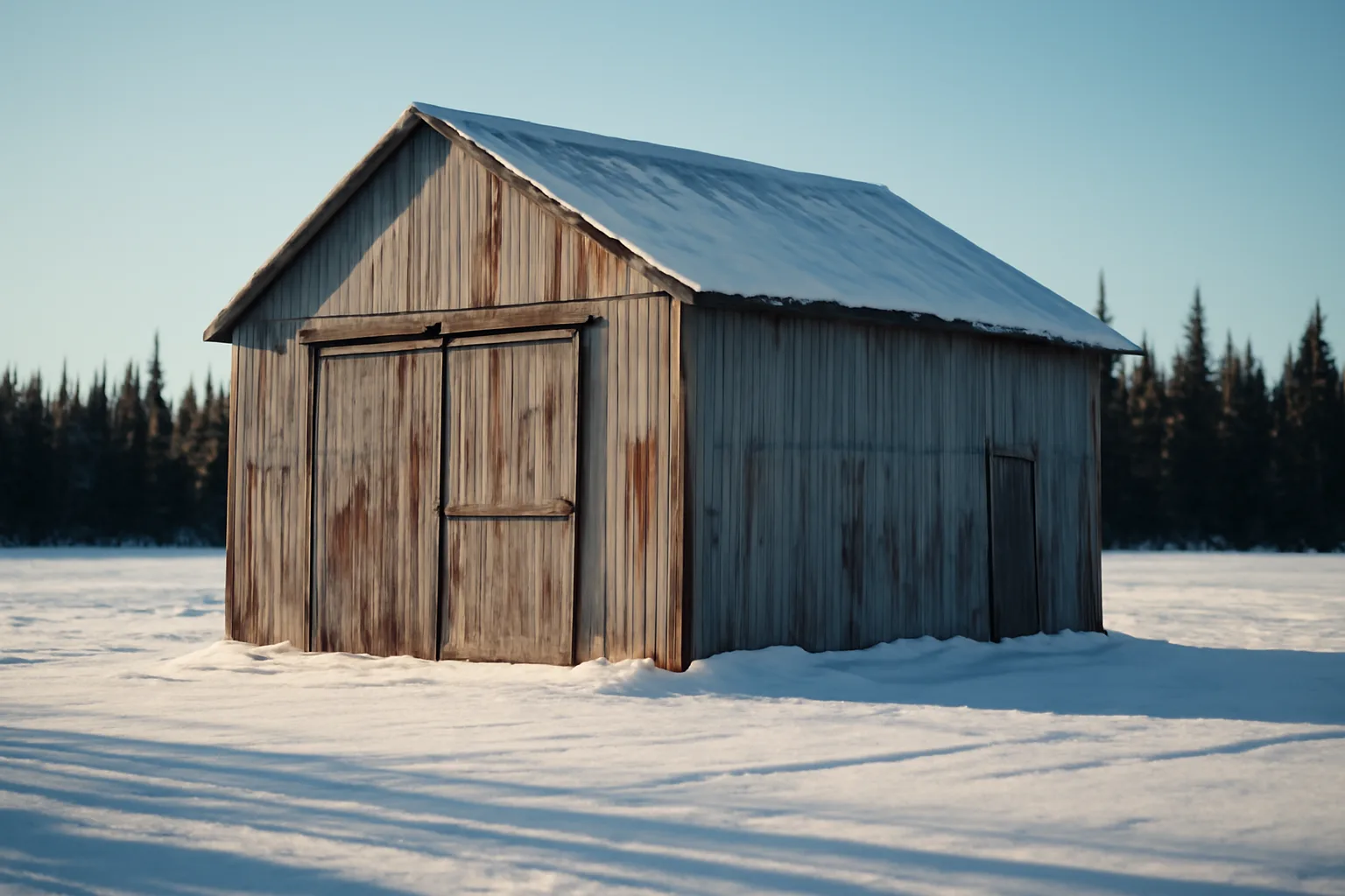 Small agricultural processing building in rural Alaska winter landscape with spruce trees