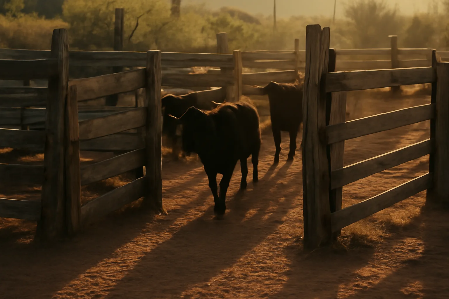 Cattle moving through wooden corral gates on an Arizona ranch at sunrise