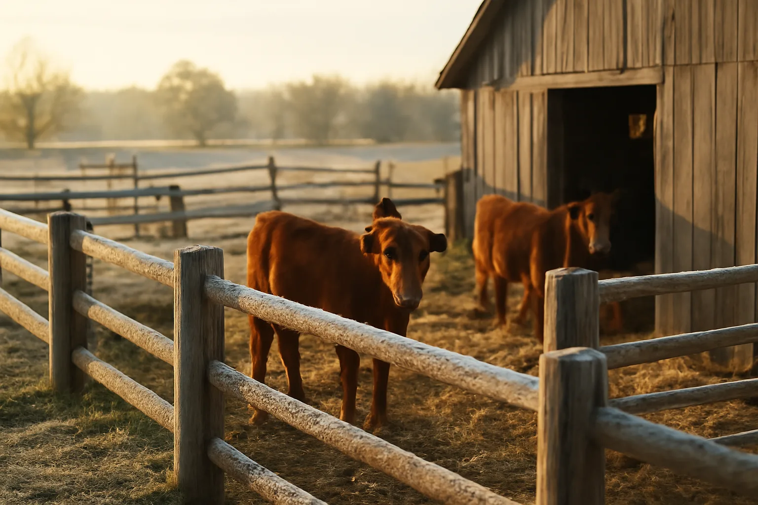 Cattle standing in a frosty Delaware farm holding pen at dawn