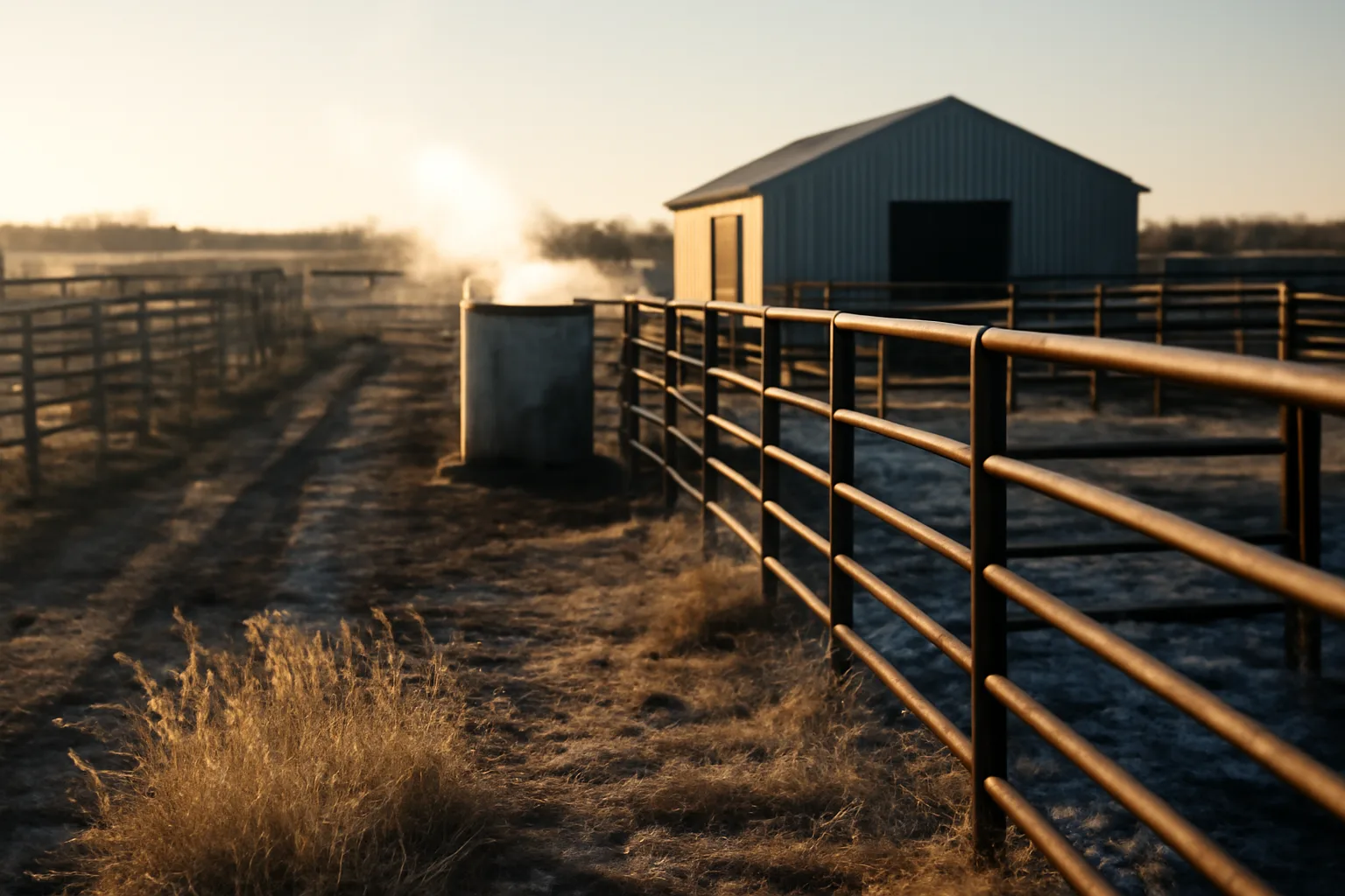 Kansas prairie holding pen beside a custom slaughter barn at dawn
