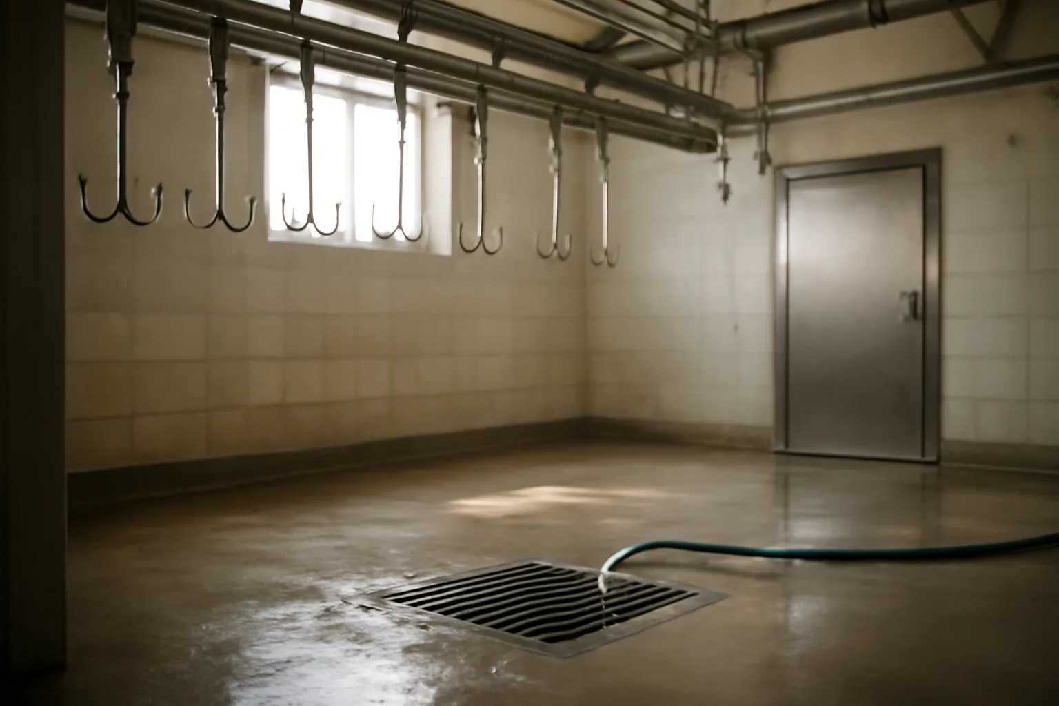 Clean rural custom slaughter facility interior with stainless rail and floor drain in Alabama