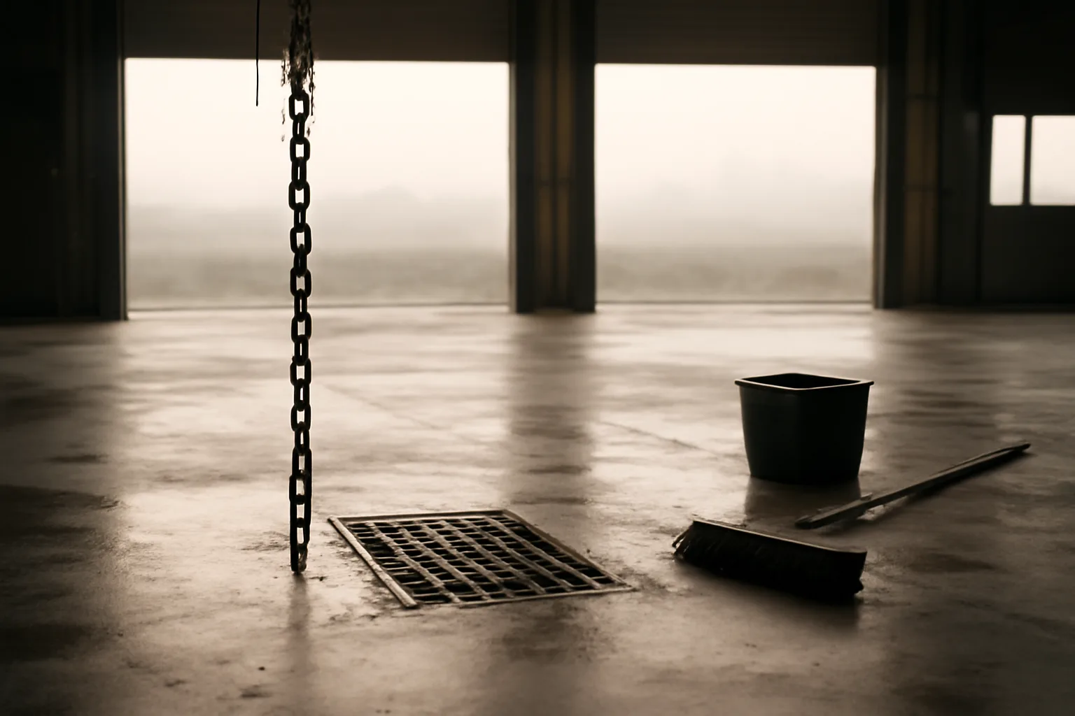 Wet California custom exempt slaughter floor with hoist at dawn