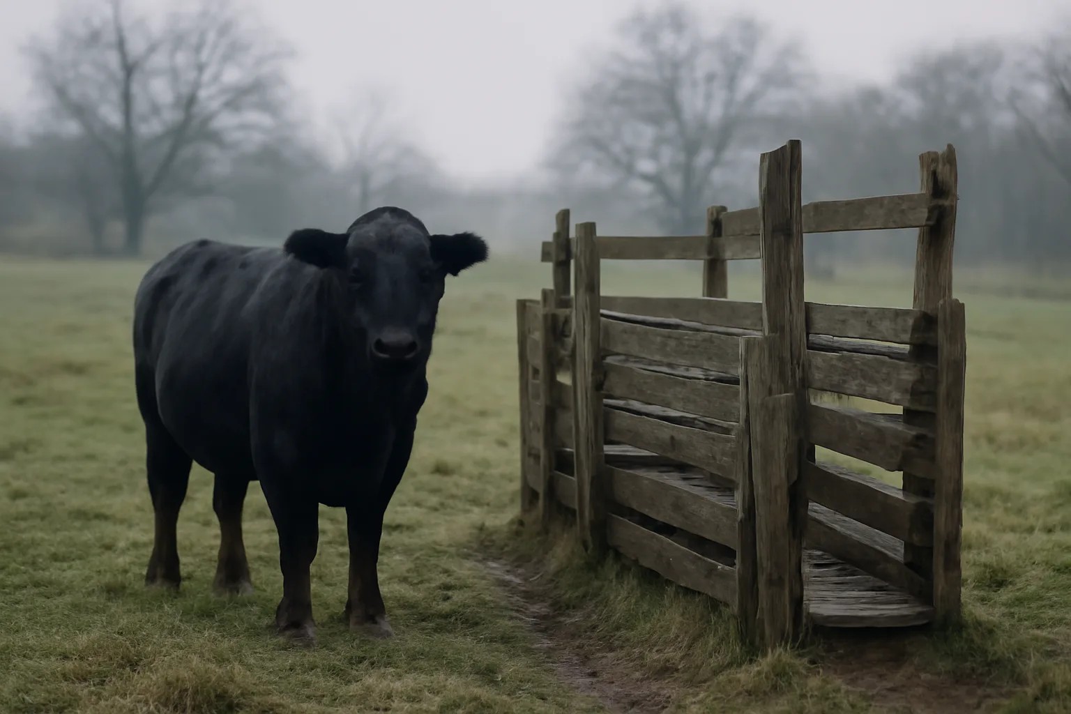 Black Angus at a wooden alley on a wet Delaware pasture