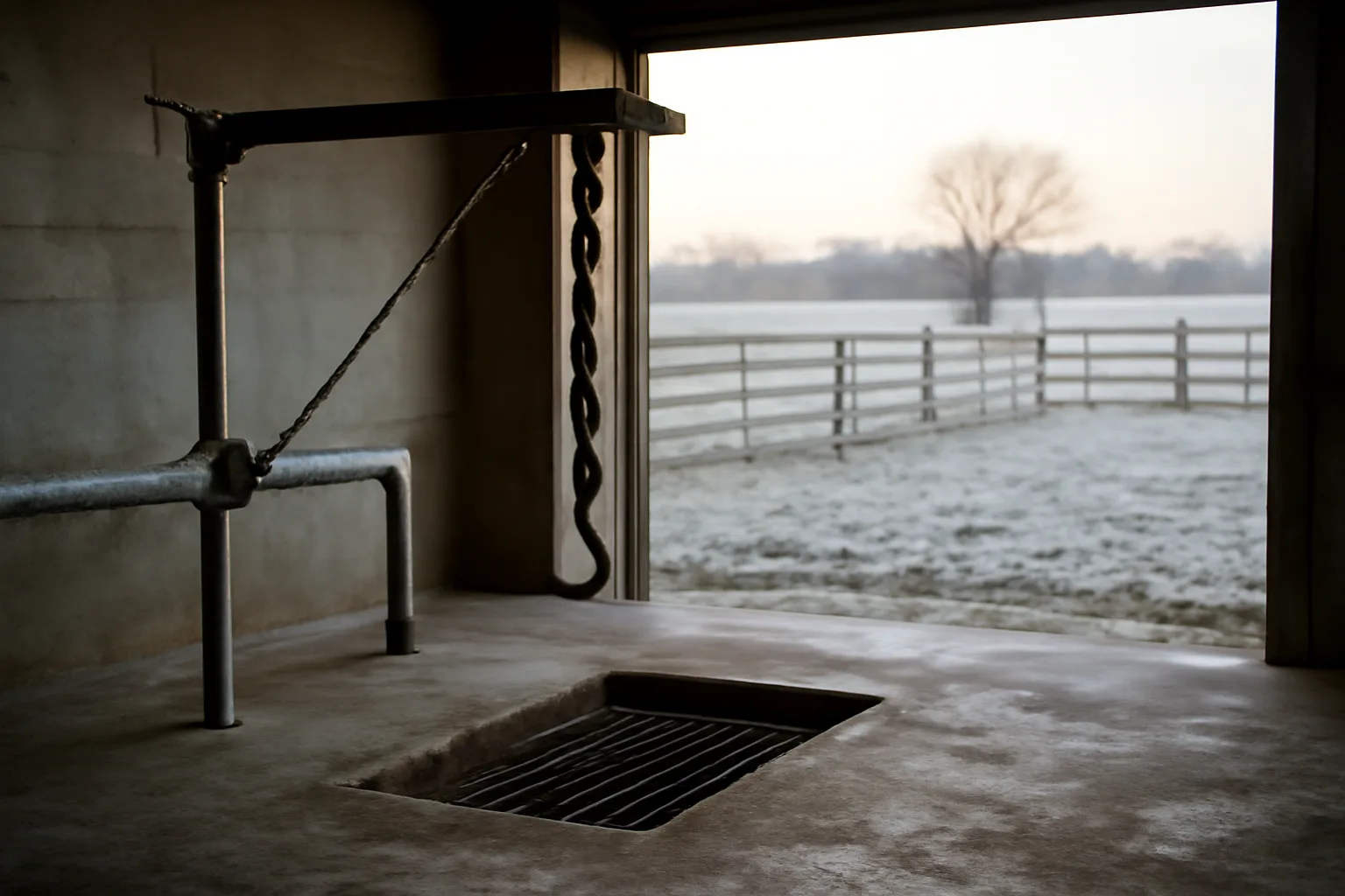 Empty Kansas custom exempt slaughter floor at winter sunrise