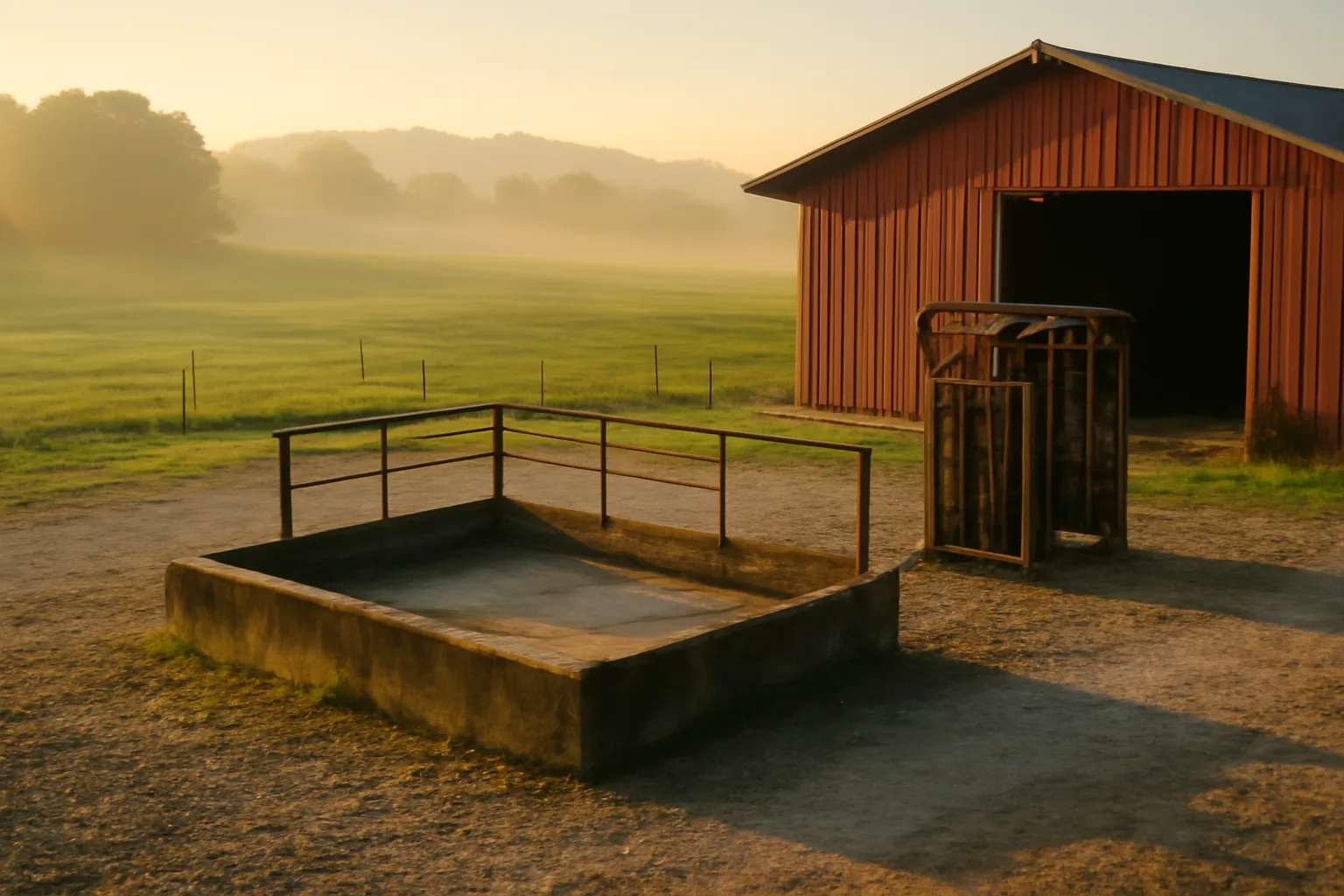 Concrete slaughter facility beside a red barn on an Alabama cattle farm at dawn