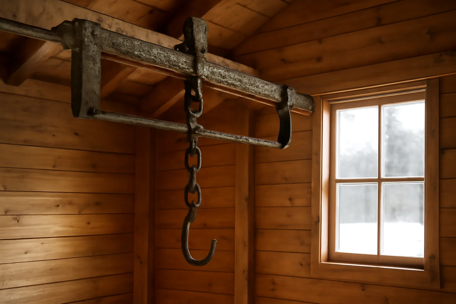 Clean slaughter rail and hoist inside a rural Alaska outbuilding in morning light