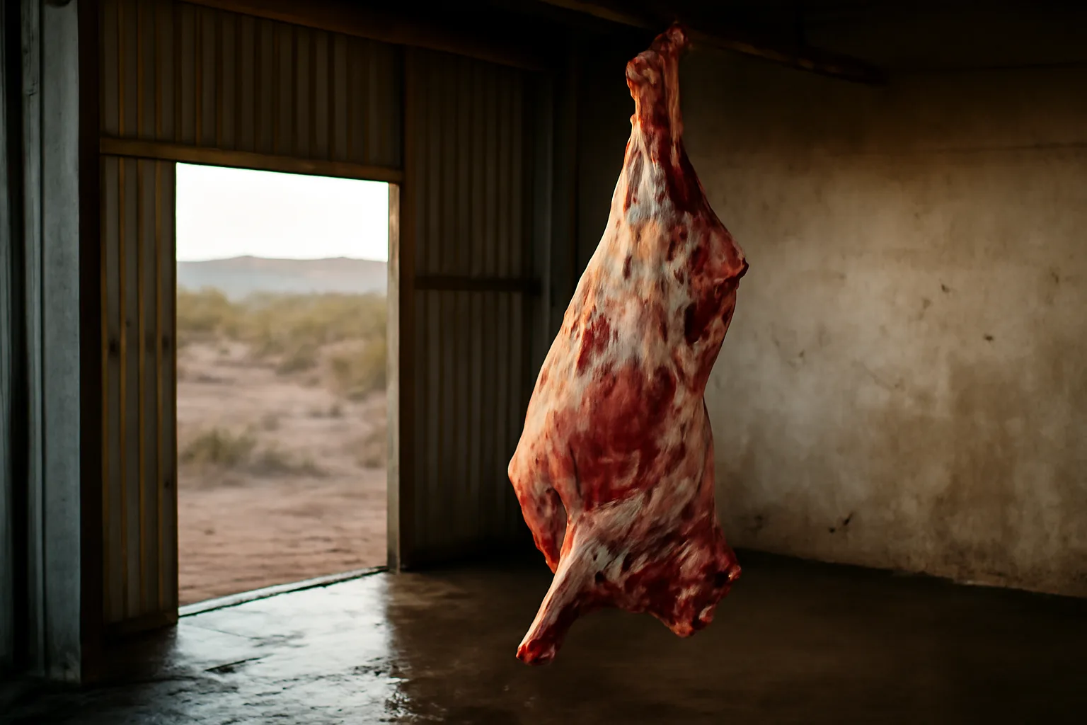 Beef carcass on a rail inside a small Arizona custom slaughter facility at dawn