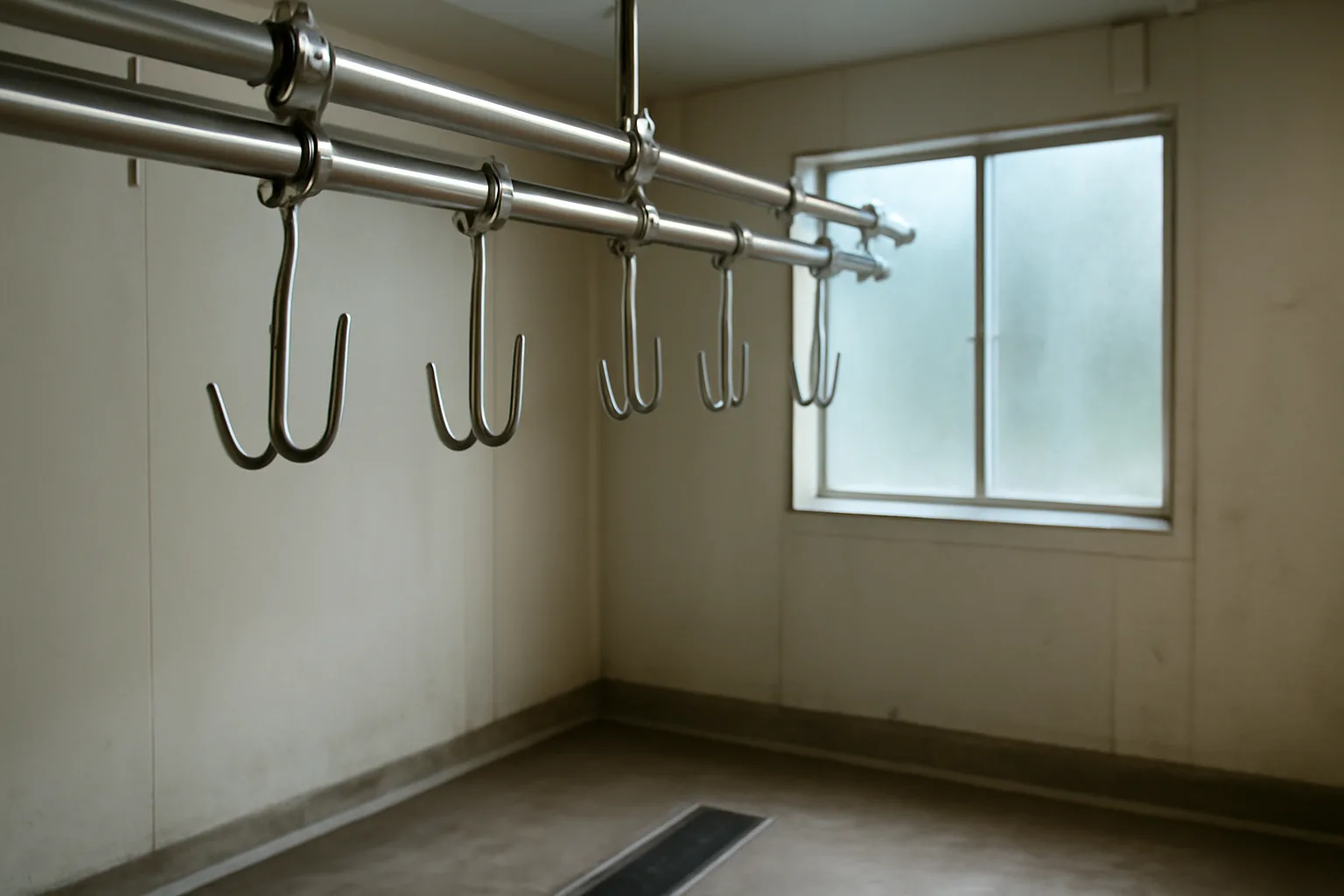 Stainless steel rail and hooks in a small California custom slaughter room