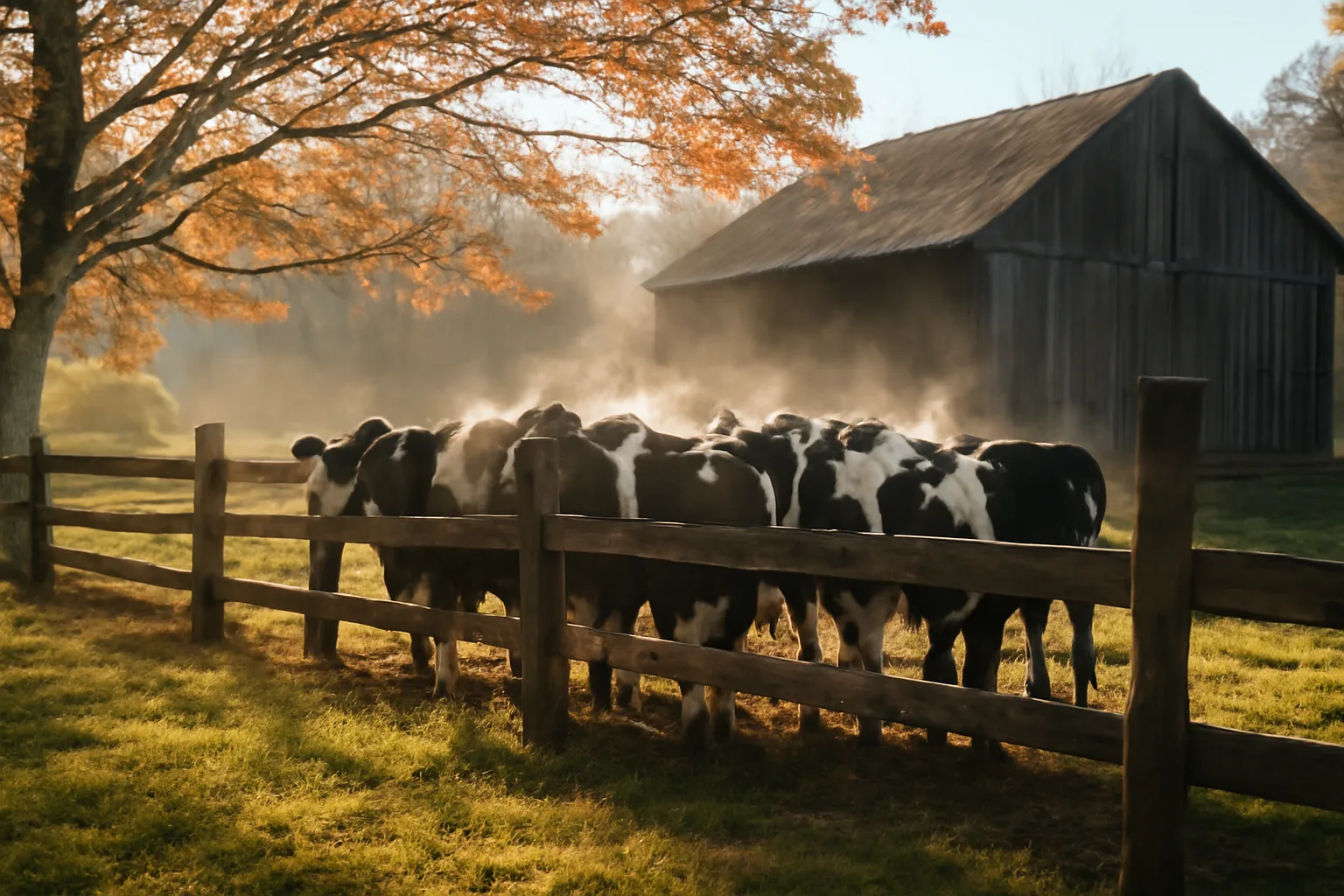 Cattle behind wooden rails in a Connecticut barnyard at dawn