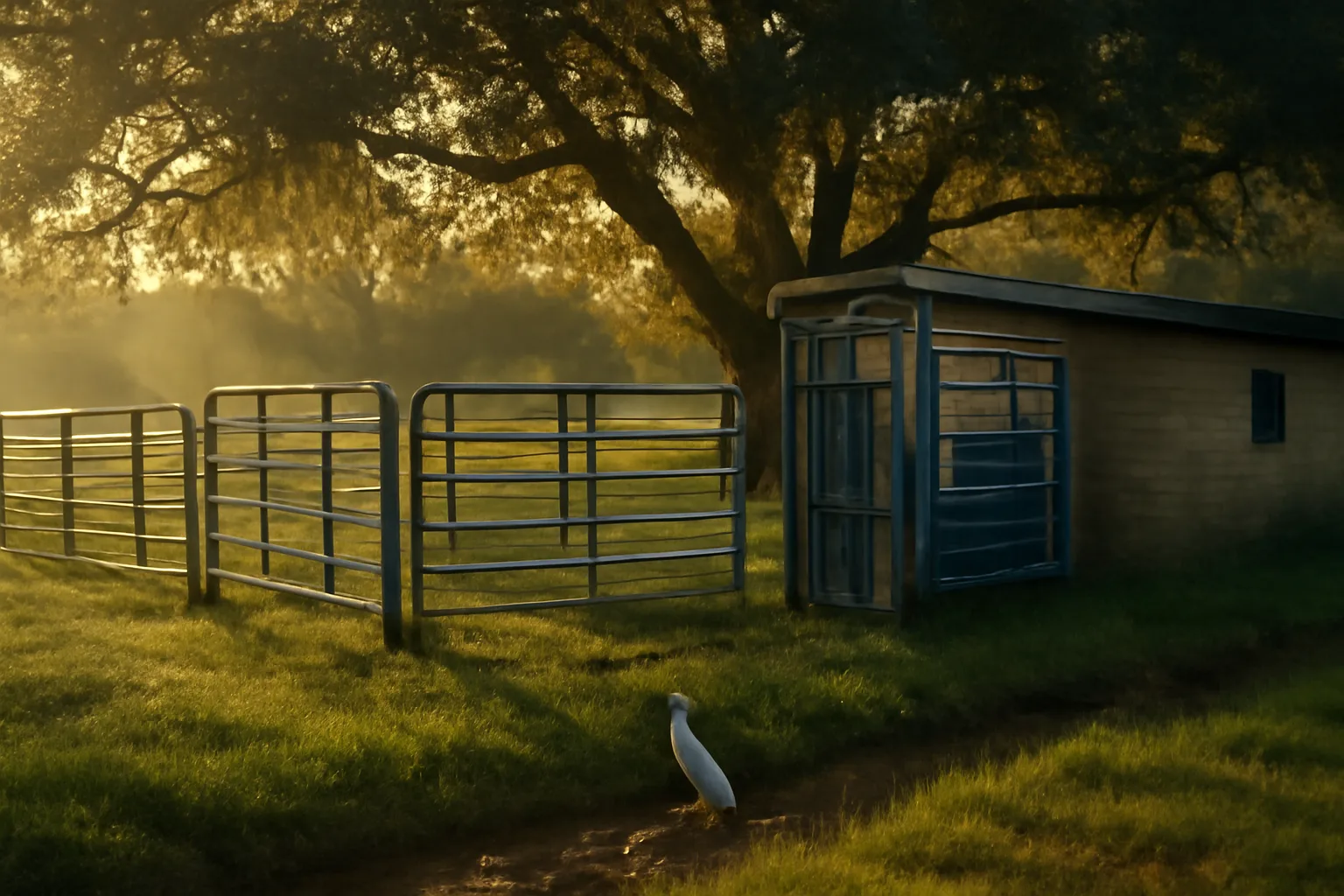 Rural Florida custom slaughter pens and steel chute at dawn