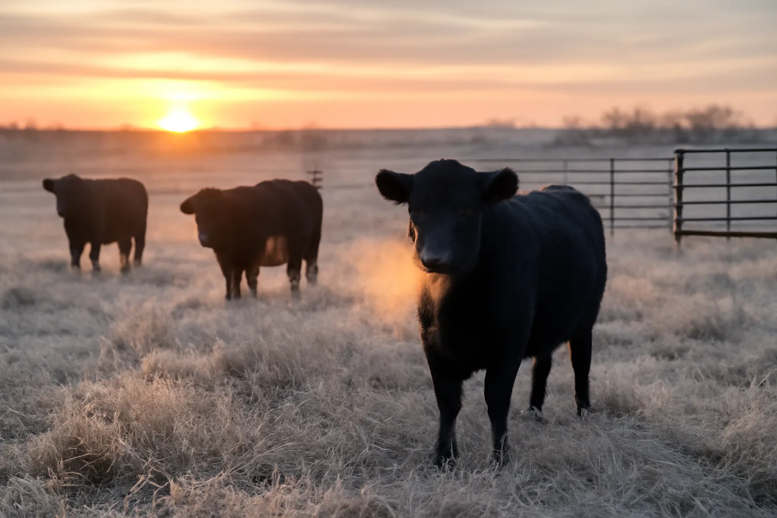 Kansas cattle standing in frosty Flint Hills pasture before custom slaughter